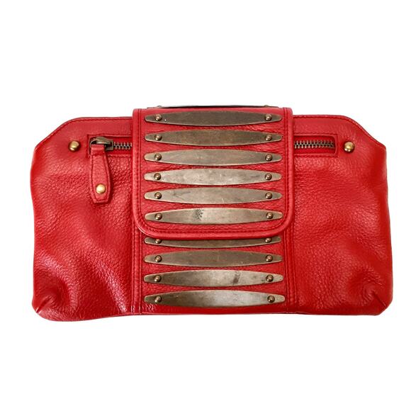 RomyGold Red Genuine Leather Metal Flap Clutch Bag Zip Closure Evening Bag - Picture 1 of 10